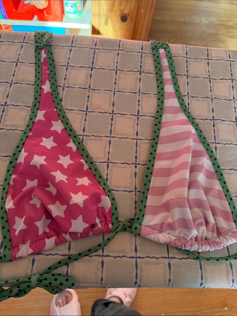 Pink Star & Stripe Triangle Bikini Top with Green Polka Trim